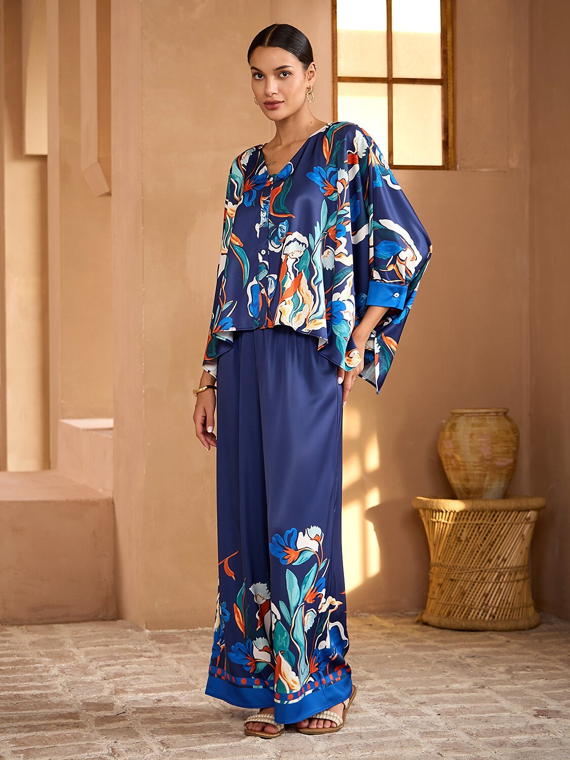 Blue Watercolor Iris  Satin Wide Leg Pants