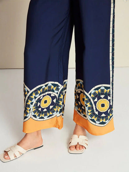 Satin Geometric Print Wide Leg Maxi Pants
