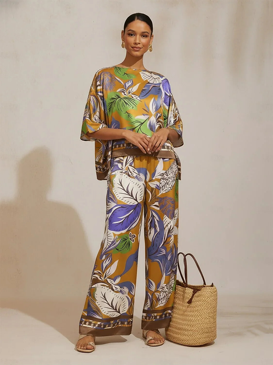 Wild Hibiscus Dream Silky satin wide leg pants