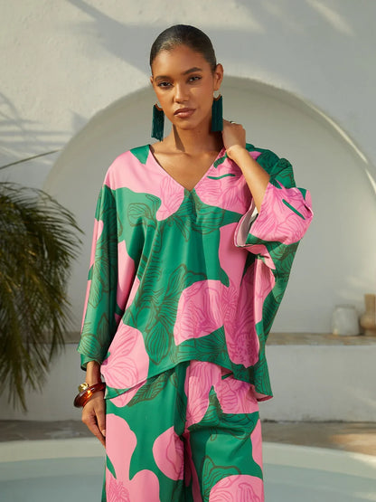 Satin Geometric Contrast Color Block Straight Pants
