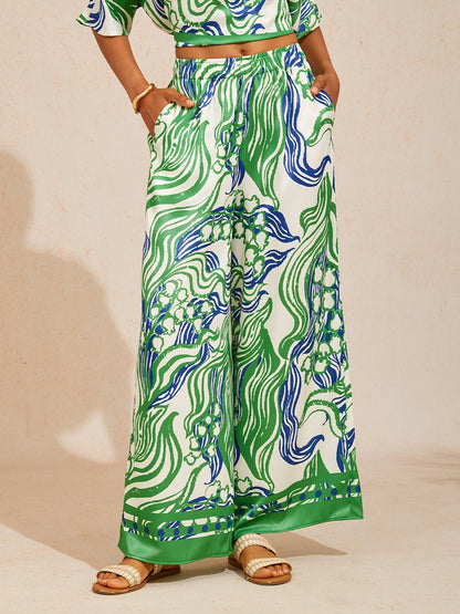 Wild Hibiscus Dream Silky Satin Wide Leg Pants