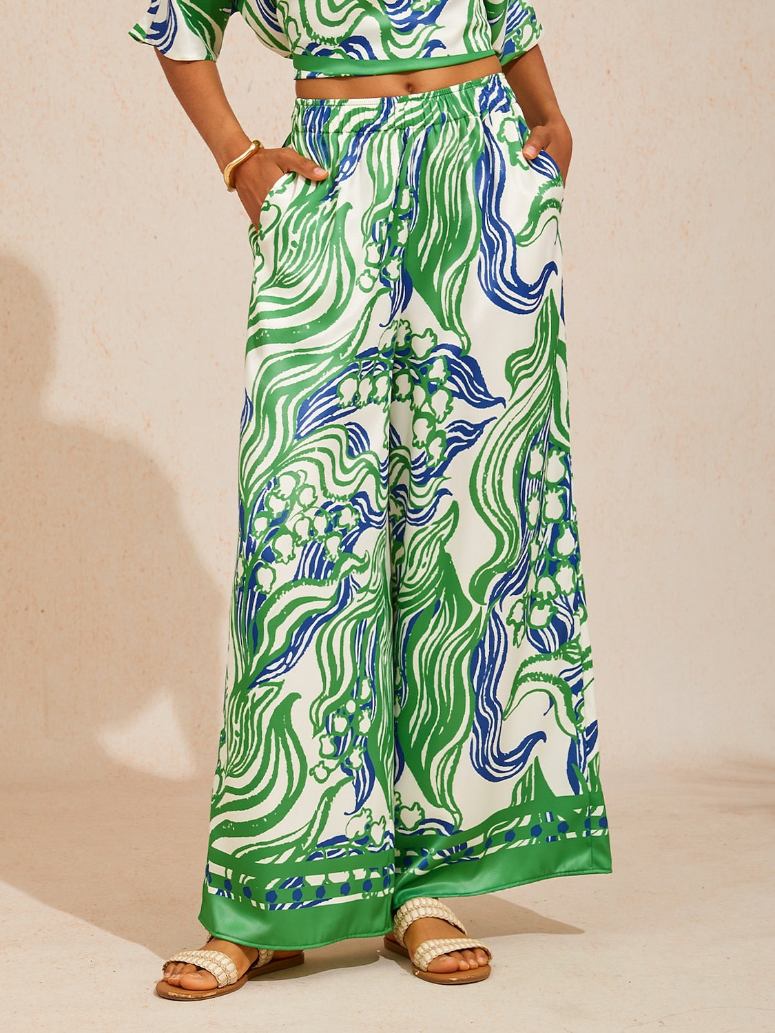 Azure Leaves Silky Satin Wide Leg Pants