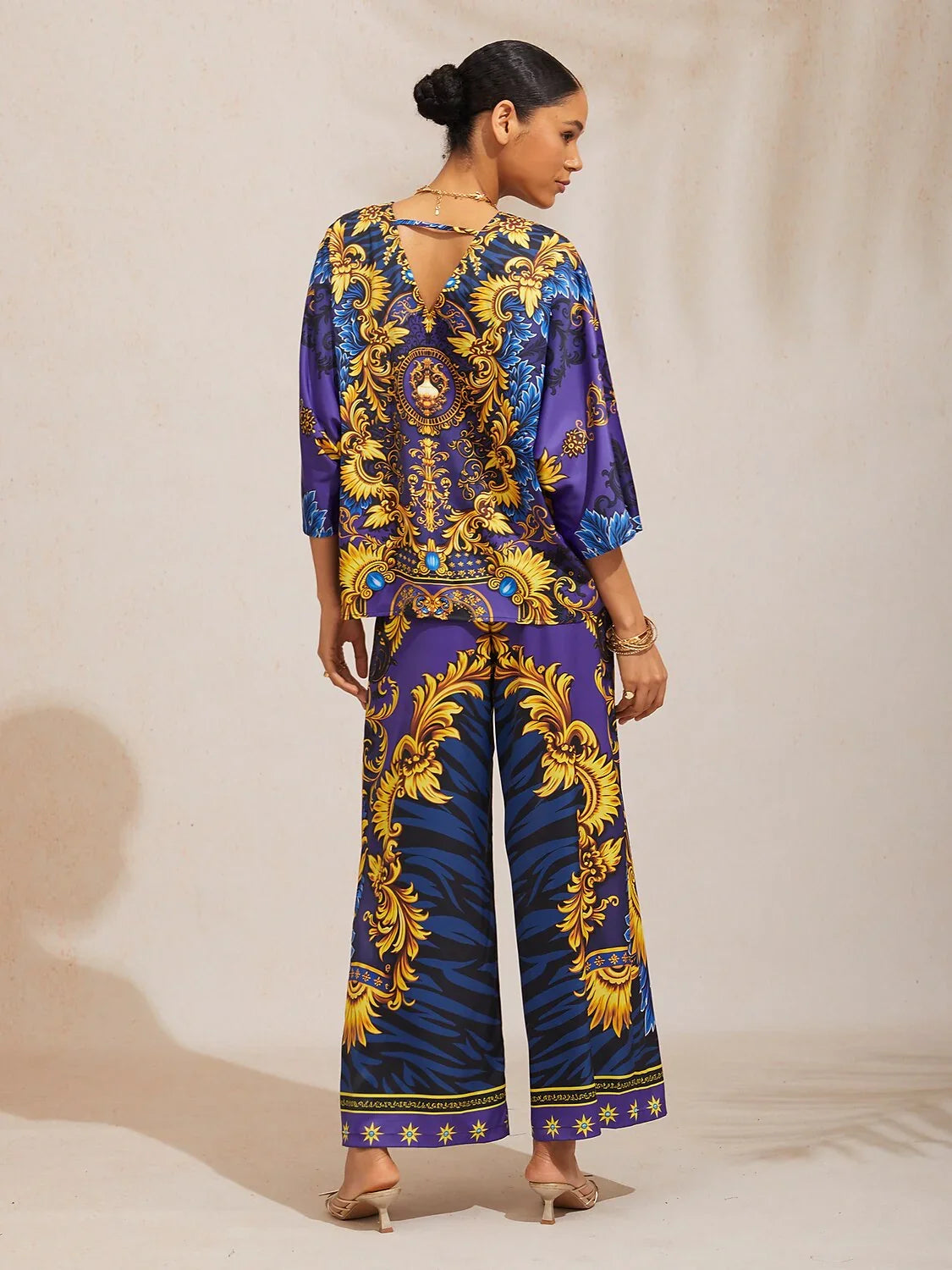 Midnight Blue Baroque Satin Elastic Waist Straight Pants