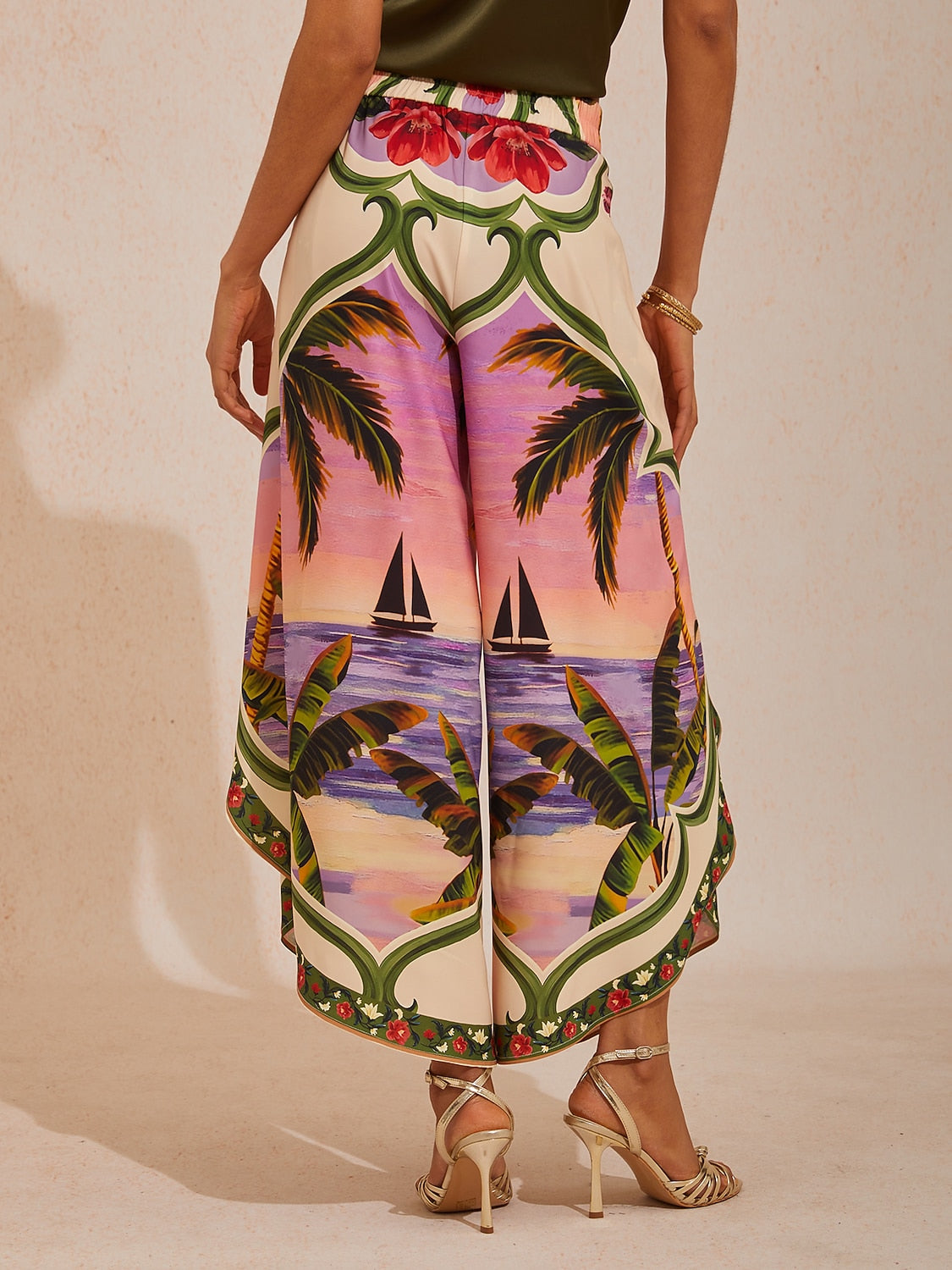 Hawaii Palm Satin Slit Wide Leg Pants