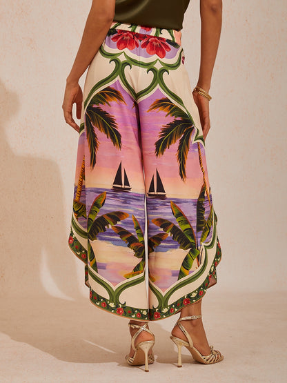 Hawaii Palm Satin Slit Wide Leg Pants