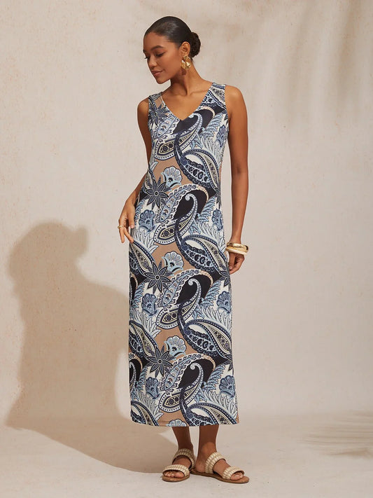 Abstract Paisley Fitted High Stretch Knit Maxi Dress