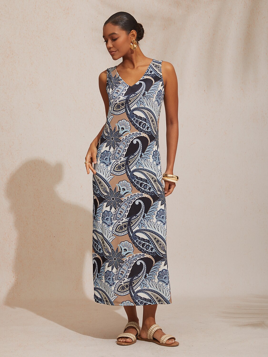 Abstraktes Paisley Eng Anliegendes Maxi-Strickkleid mit Hohem Stretchanteil