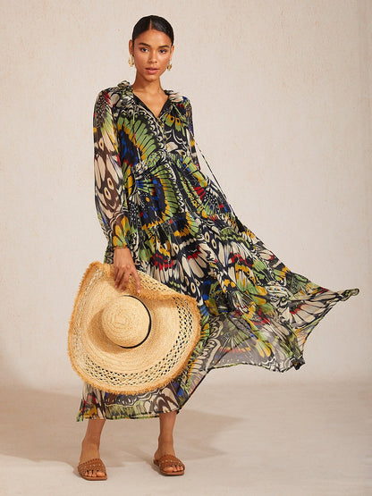 Jungle Butterfly Flowy Chiffon Maxi Dress