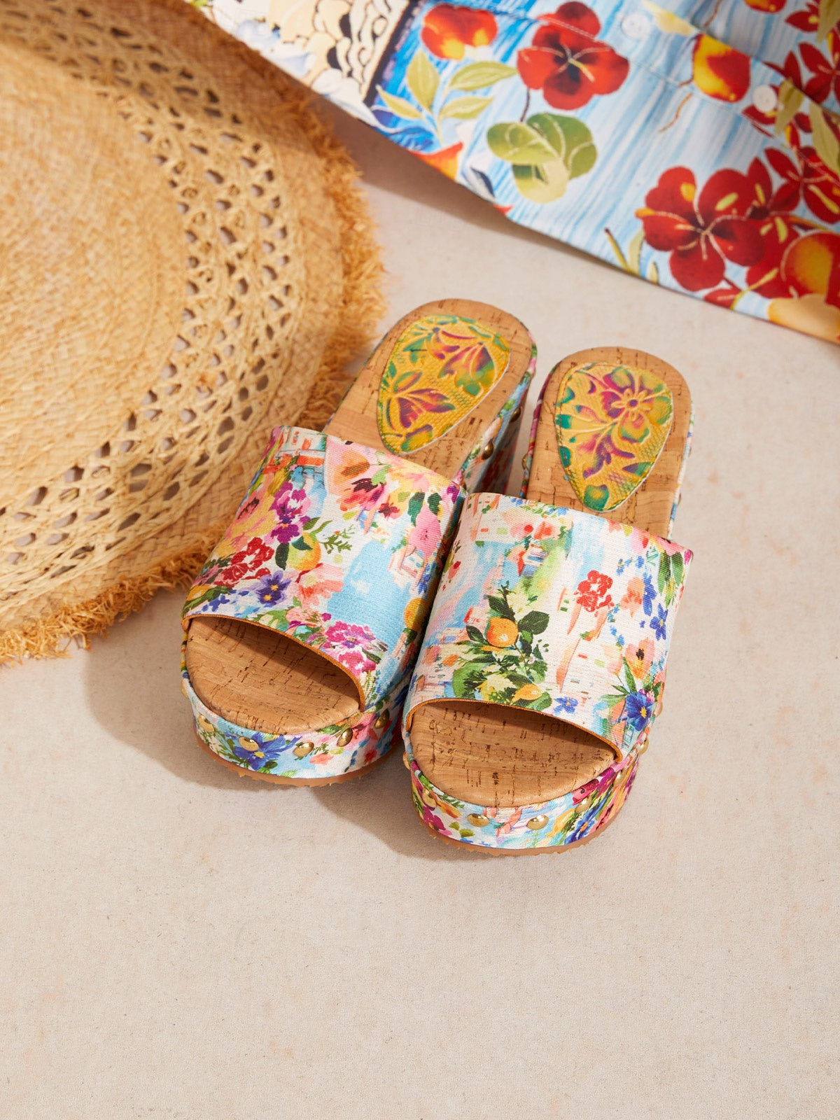 Mule con tacco alto in tela "Holiday Citrus Garden"