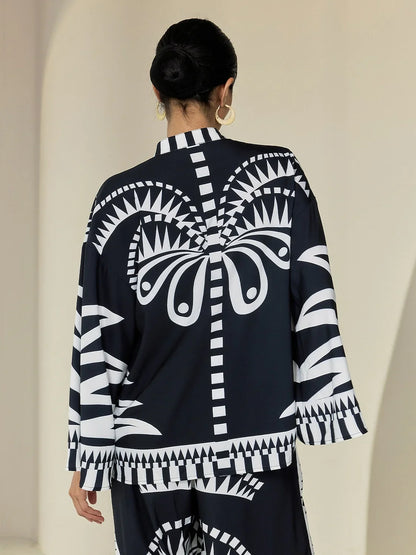 Black Satin Geometric Print Flare Cuff Blouse