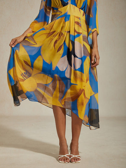 Abstract Floral Print Chiffon Maxi Dress