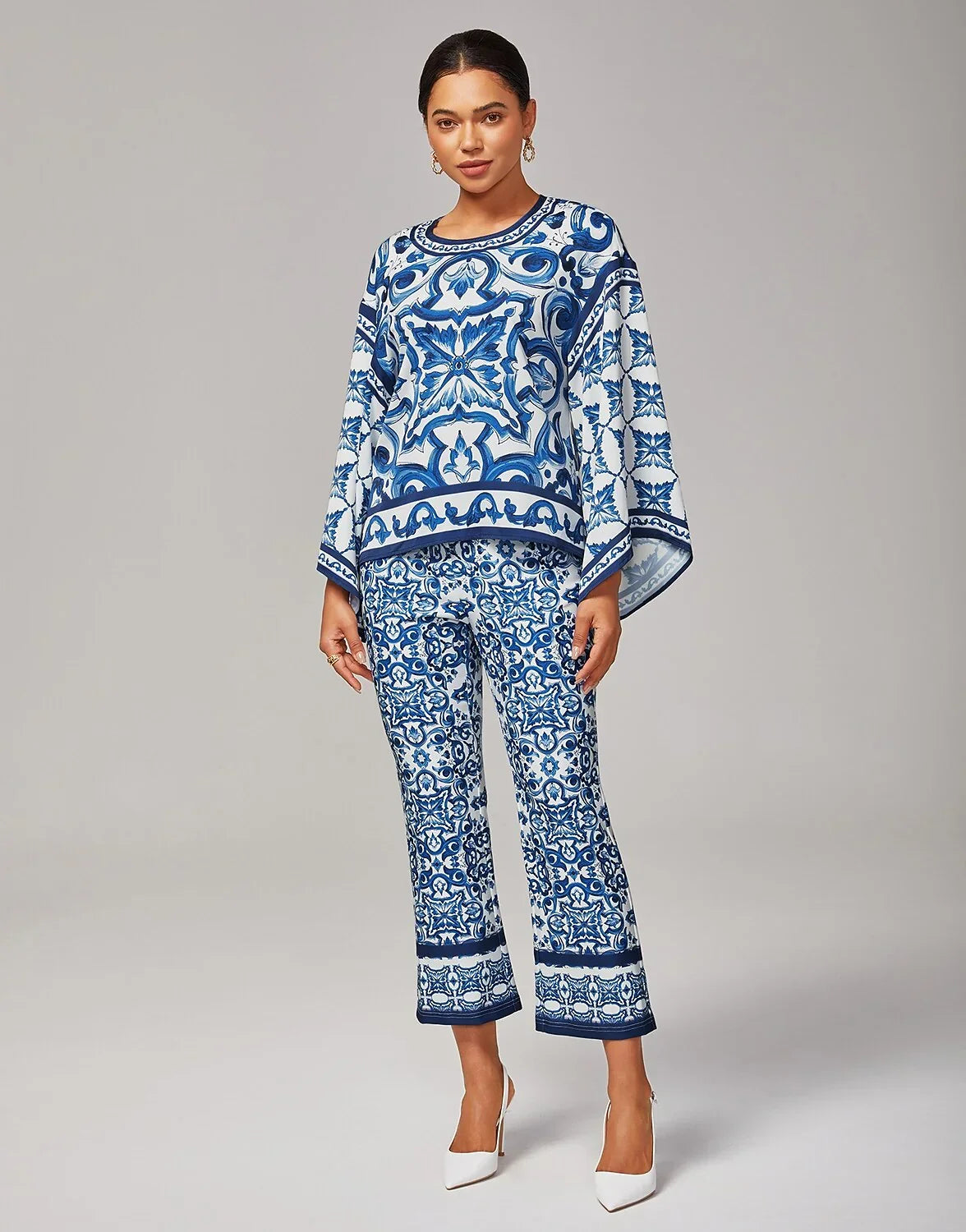 Blue White Porcelain Print Stretch Flare Pants