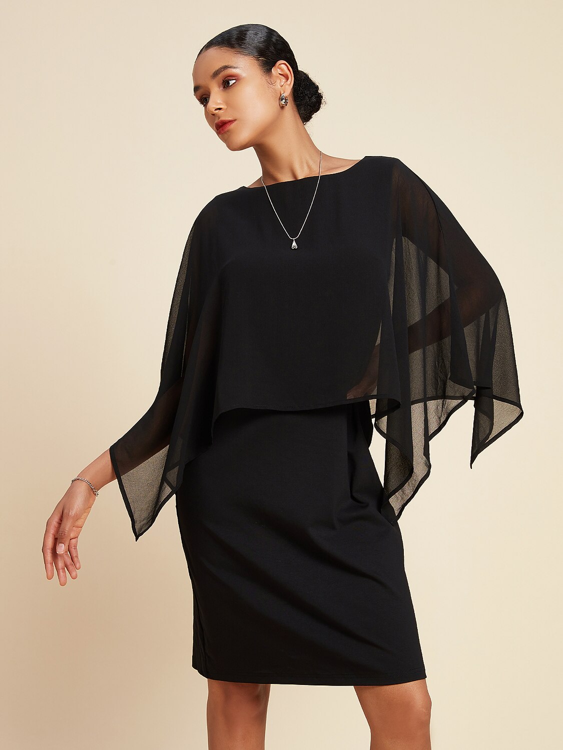 Chiffon Cape Sleeve Wedding Guest Mini Dress