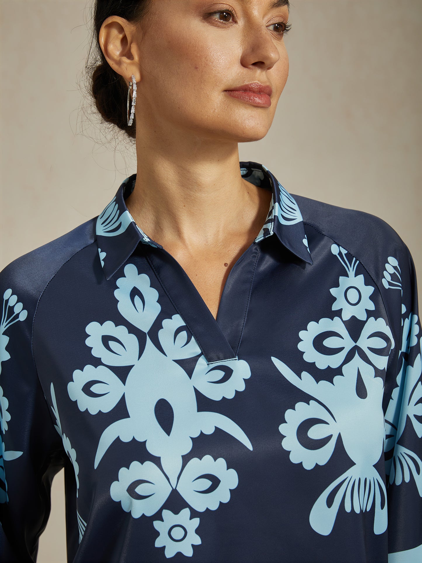 Blue Floral Print Shirt Collar Satin Blouse