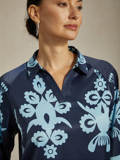 Blue Floral Print Shirt Collar Satin Blouse