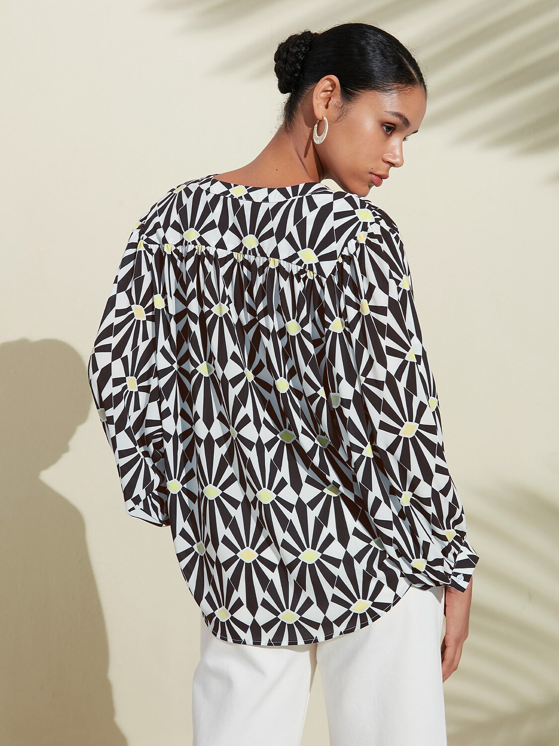 Moroccan Floral V-Neck Silky Satin Blouse