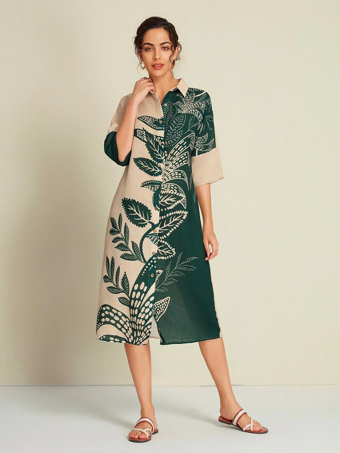 Leaf Print Half Sleeve Midi Shirt Dress