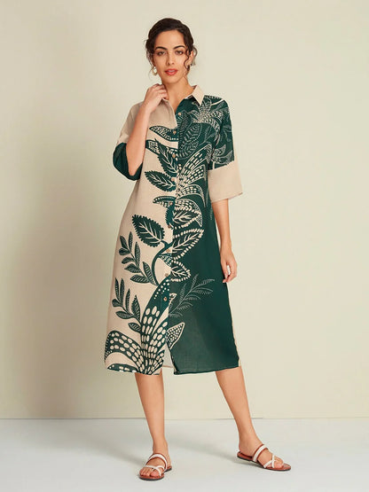 Leaf Print Half Sleeve Midi Shirt Dress