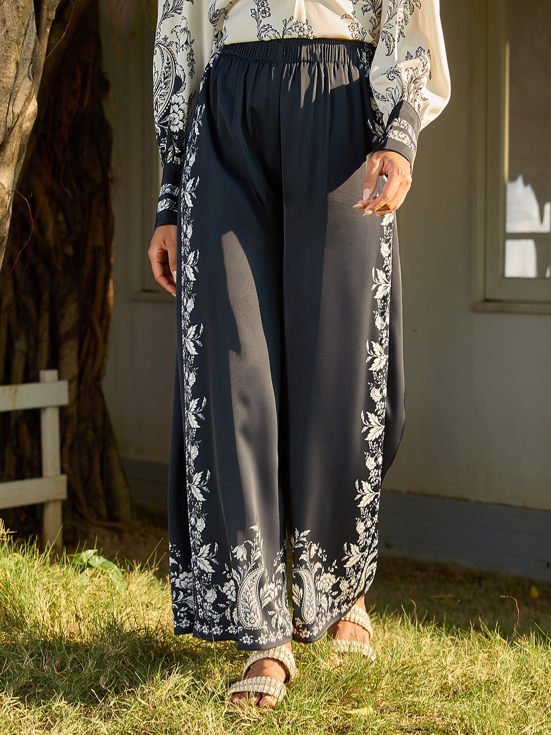 Noir Baroque Silky Satin Wide Leg Pants