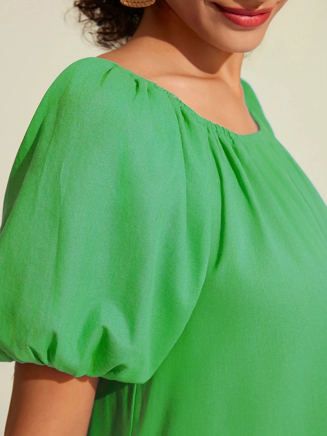 Cotton Resort Loose Fit Off-Shoulder Puff Maxi Dress
