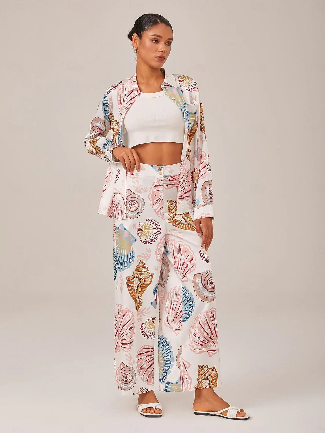 Camisa de Manga Larga Holgada con Botones Estampada Shell