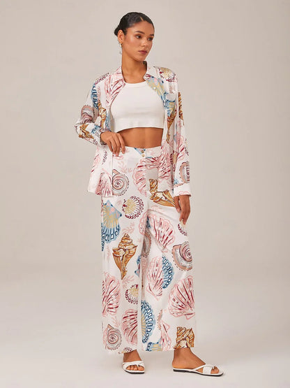 Camisa de Manga Larga Holgada con Botones Estampada Shell