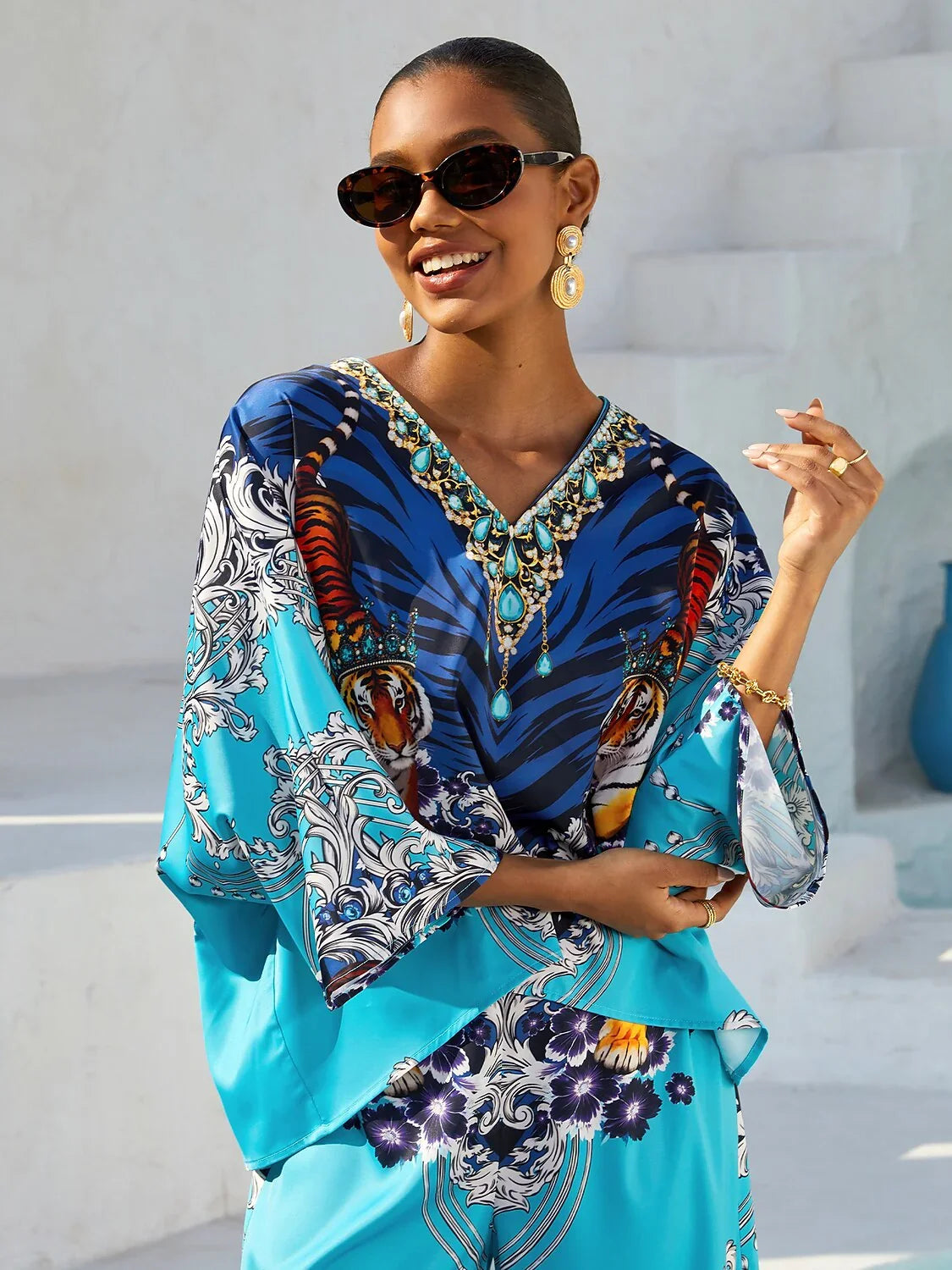 Indigo Tigress Silky Satin  Vacation Top