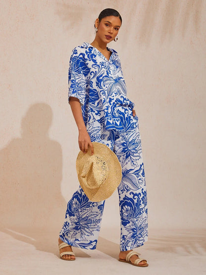 St Barth Blooms Airy Linen Look Blue Wide-Leg Pants