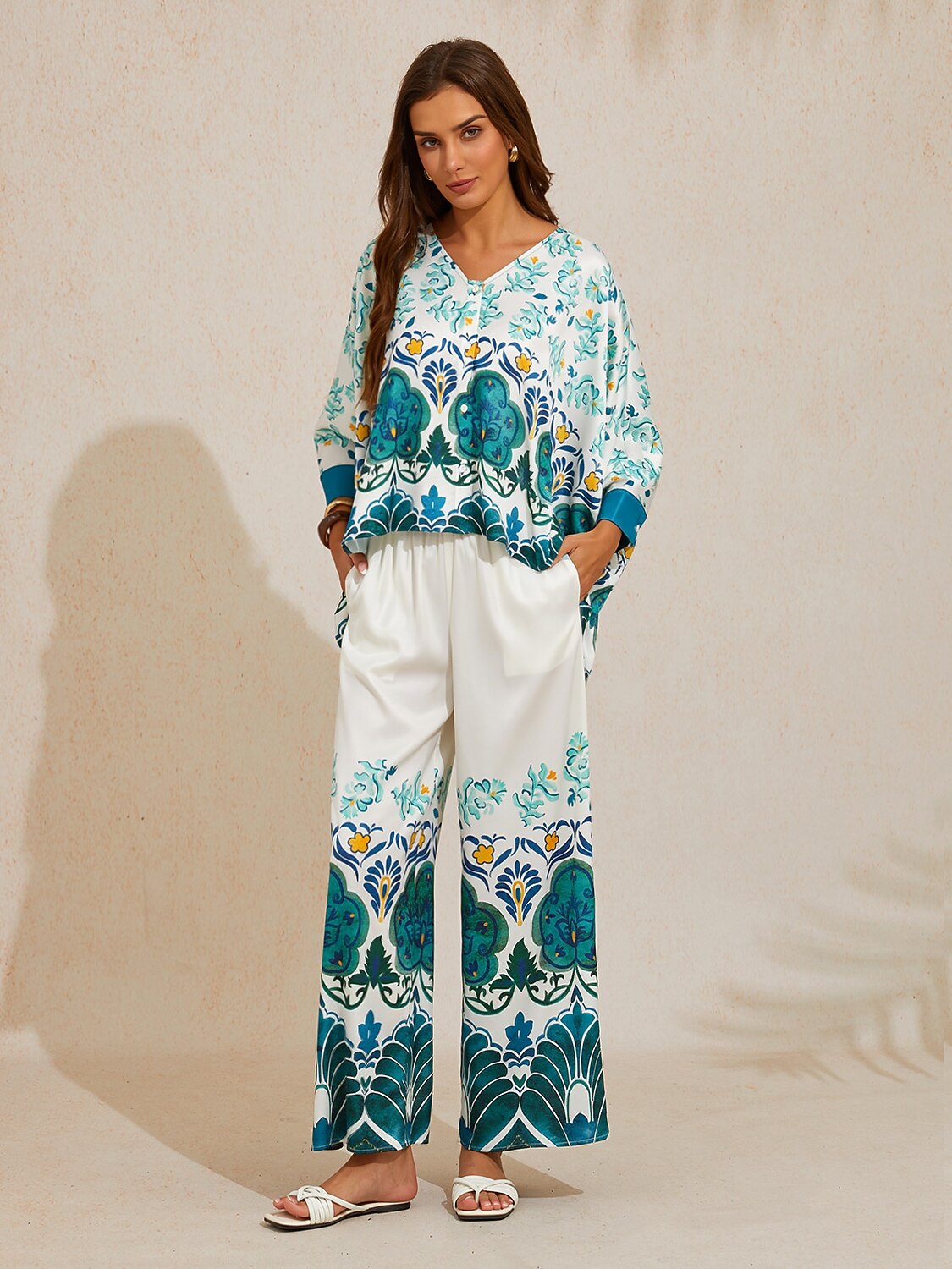 Jade Palace Garden Silky Satin Batwing Top