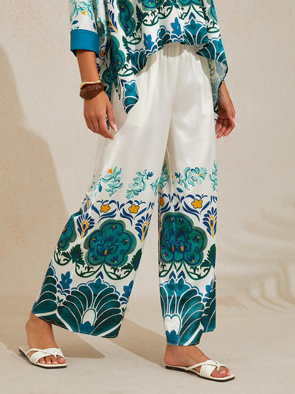 Jade Palace Garden Silky Satin Wide Leg Pants