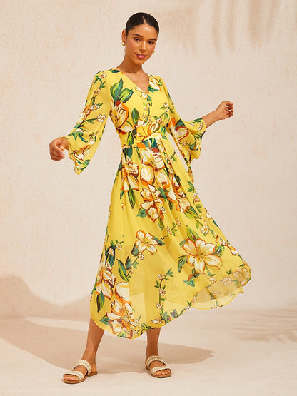 Lime Magnolia Glow Flowy Chiffon Maxi Dress