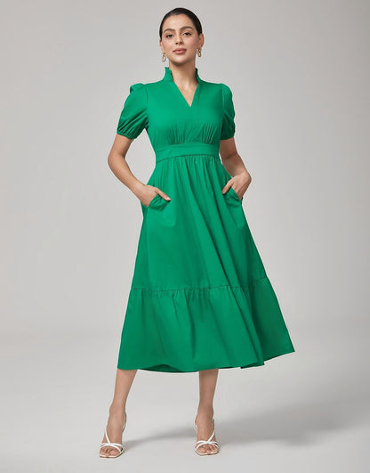 Deep Moss Green Cotton Puff Sleeve Dress