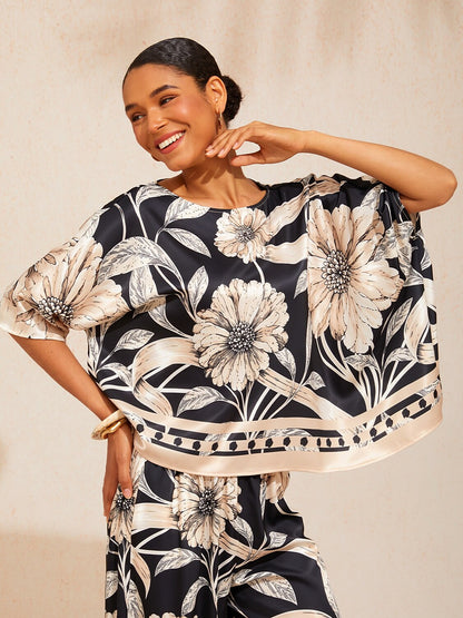 Golden Petal Silky Satin Dolman Sleeve Top