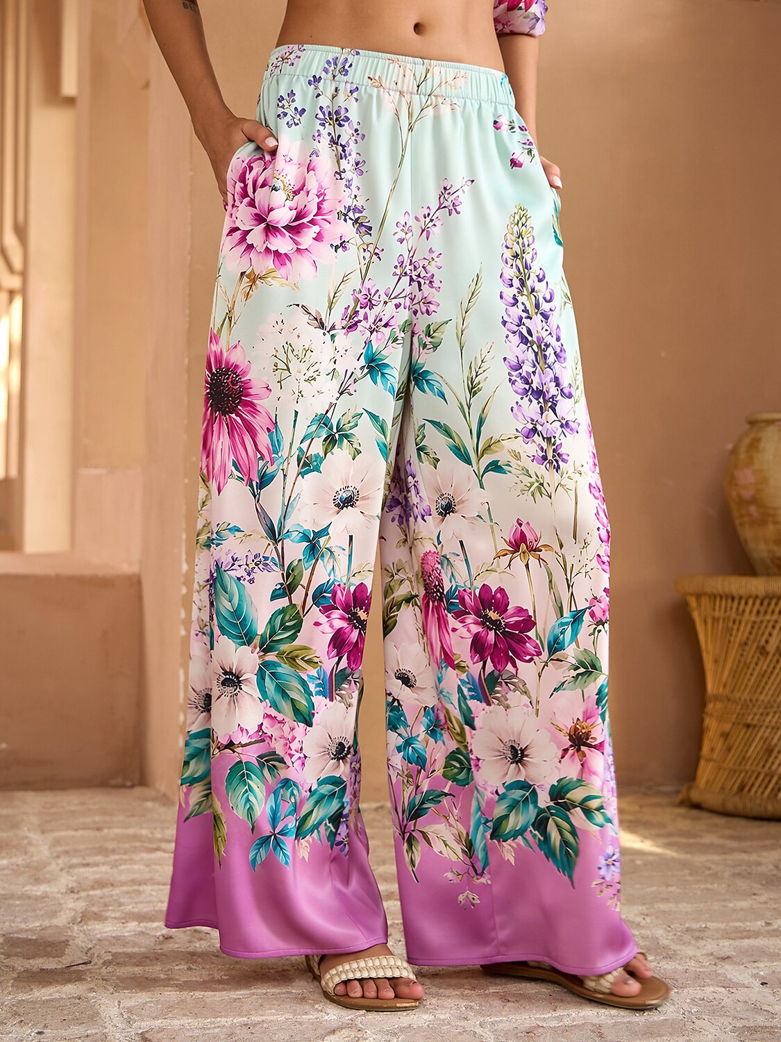 Pastel Garden Silky Satin Wide Leg Pants