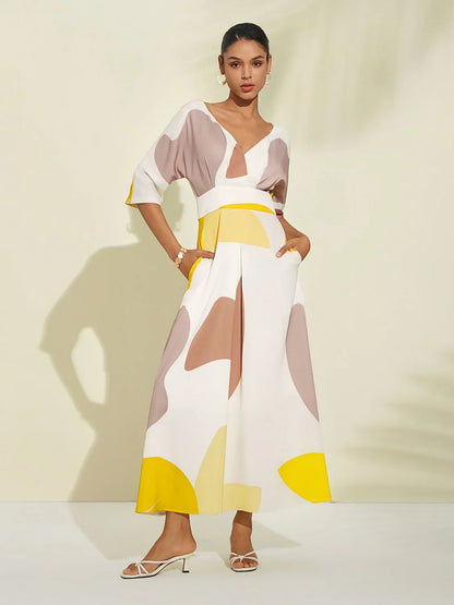 Satin Artistic Floral Print Pocket Maxi Dress