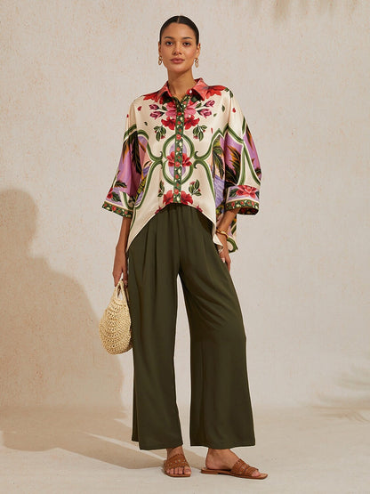 Hawaii Palm Satin Dolman Sleeve Top