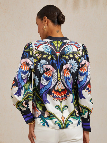 Bird Flower Silky Satin Blouse
