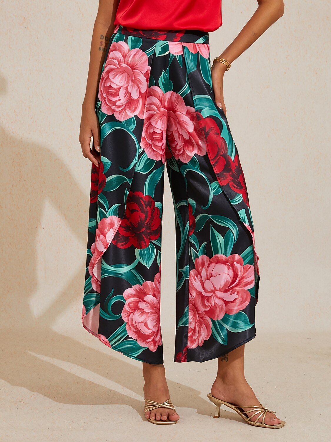 Emerald Rose Garden Silky Satin Slit Wide Leg Pants