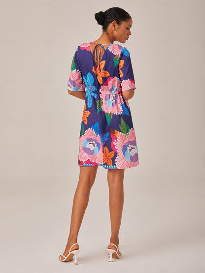 Vacation Print Satin Short Sleeves Mini Dress