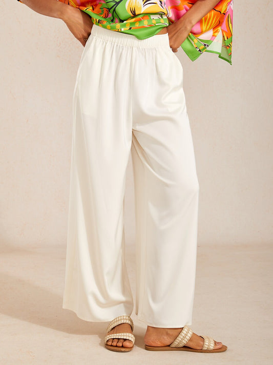 Silky Satin White Elastic Waist Wide Leg Pants