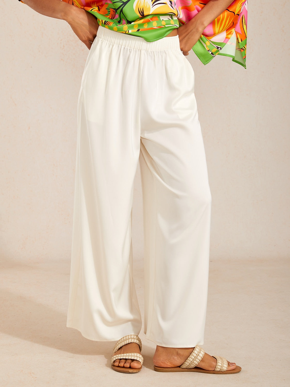 Silky Satin White Elastic Waist Wide Leg Pants