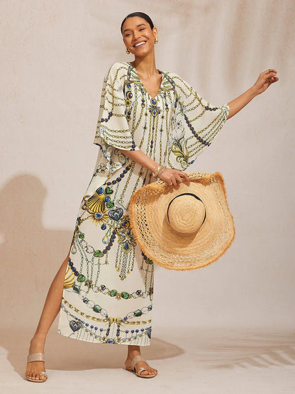 Vintage Jewelry Flowy Chiffon Dolman Sleeve Maxi Dress