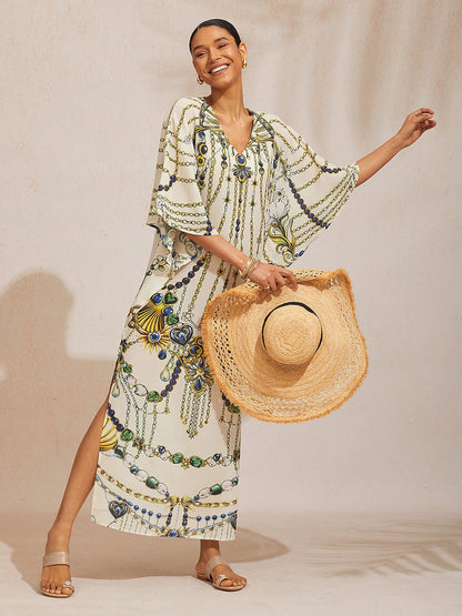 Hawaii Palm Flowy Chiffon Floral Maxi Dress
