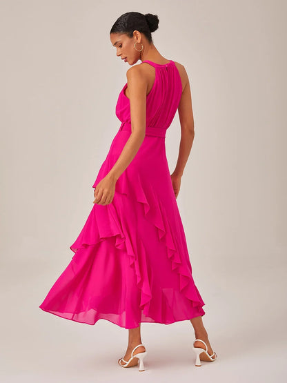 Chiffon Solid Color Ruffle Mismatched Dress
