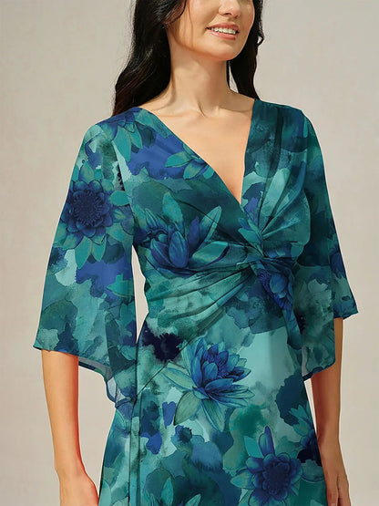 Chiffon Green Abstract Floral Print Twist Knot Maxi Dress