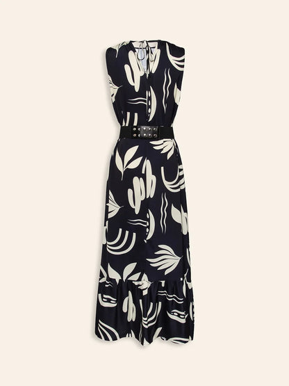 Satin Leaves Print Sleeveless Maxi Dress (No Belt)