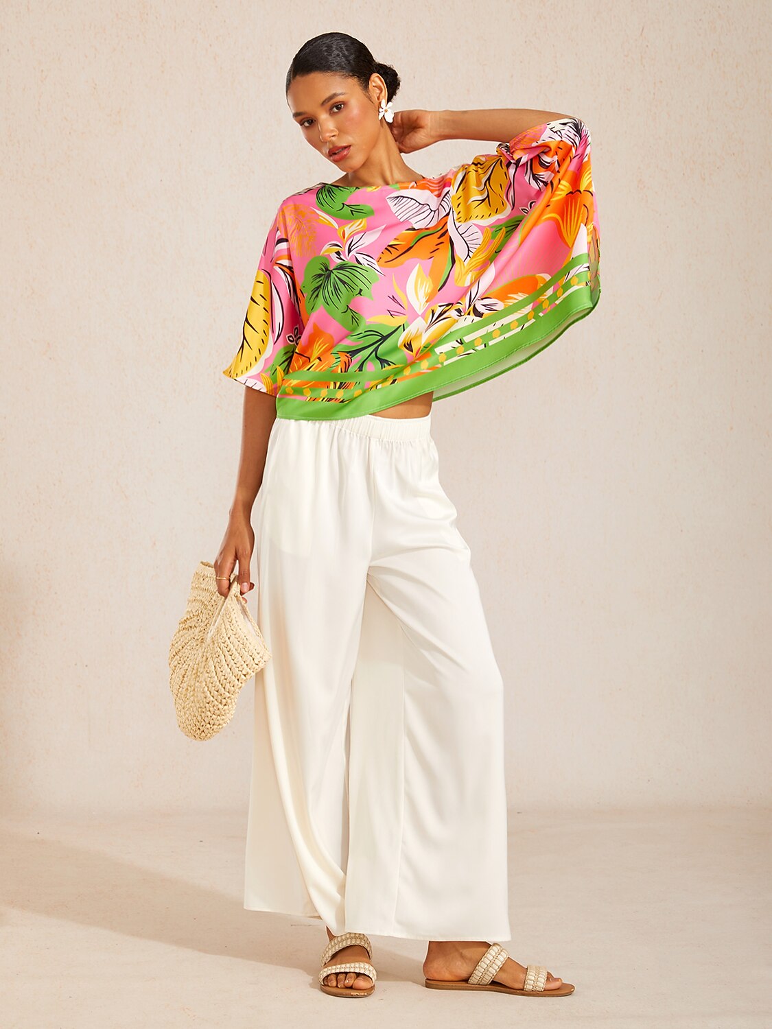 Silky Satin Green Elastic Waist Wide Leg Pants