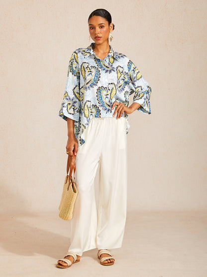 Skyline Paisley Flora Silky Satin Dolman Sleeve Top