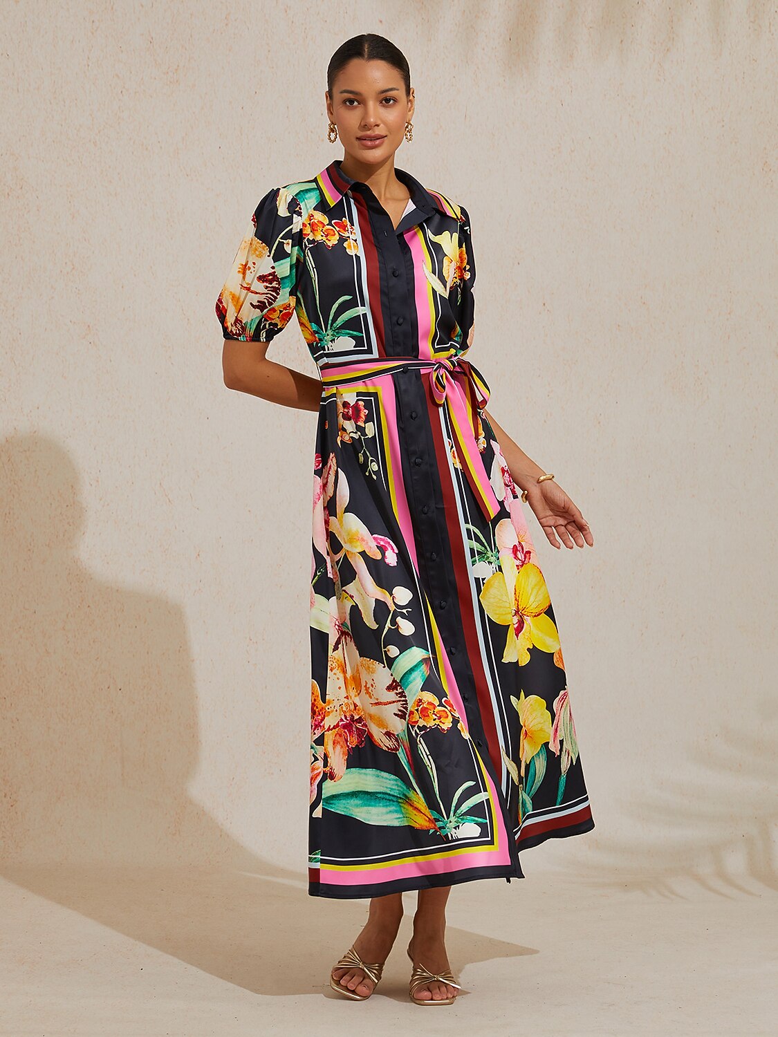 Midnight Floral Carnival Silky Satin Midi Dress
