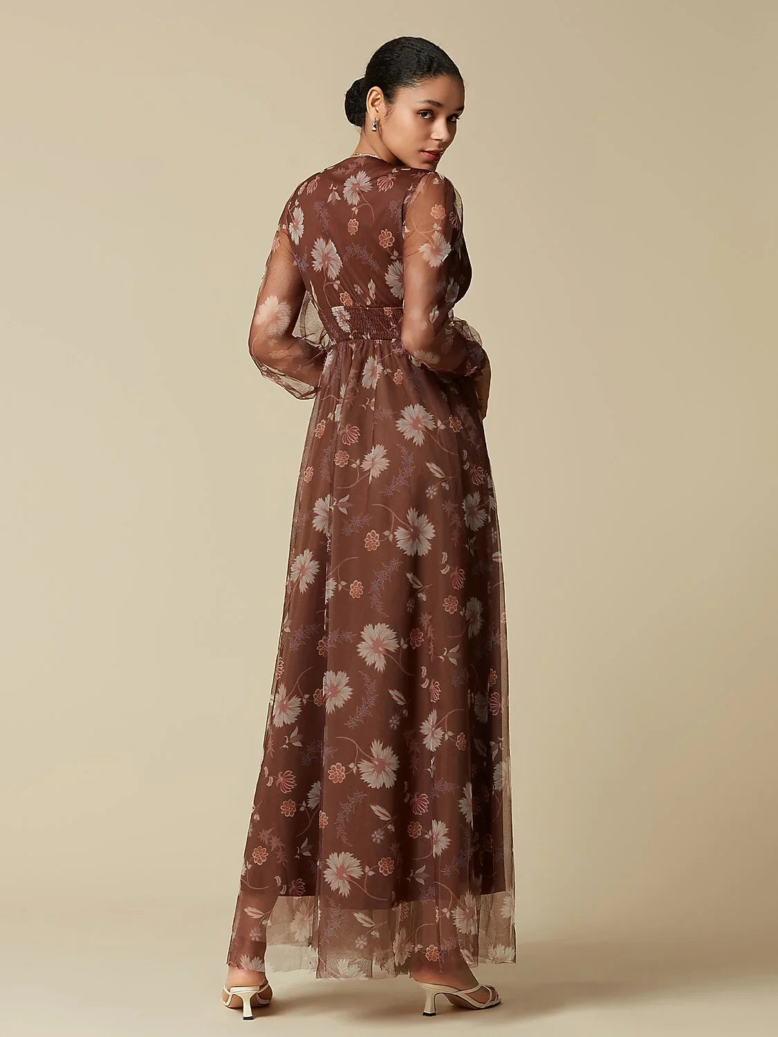 V-Neck Floral Mesh Maxi Dress